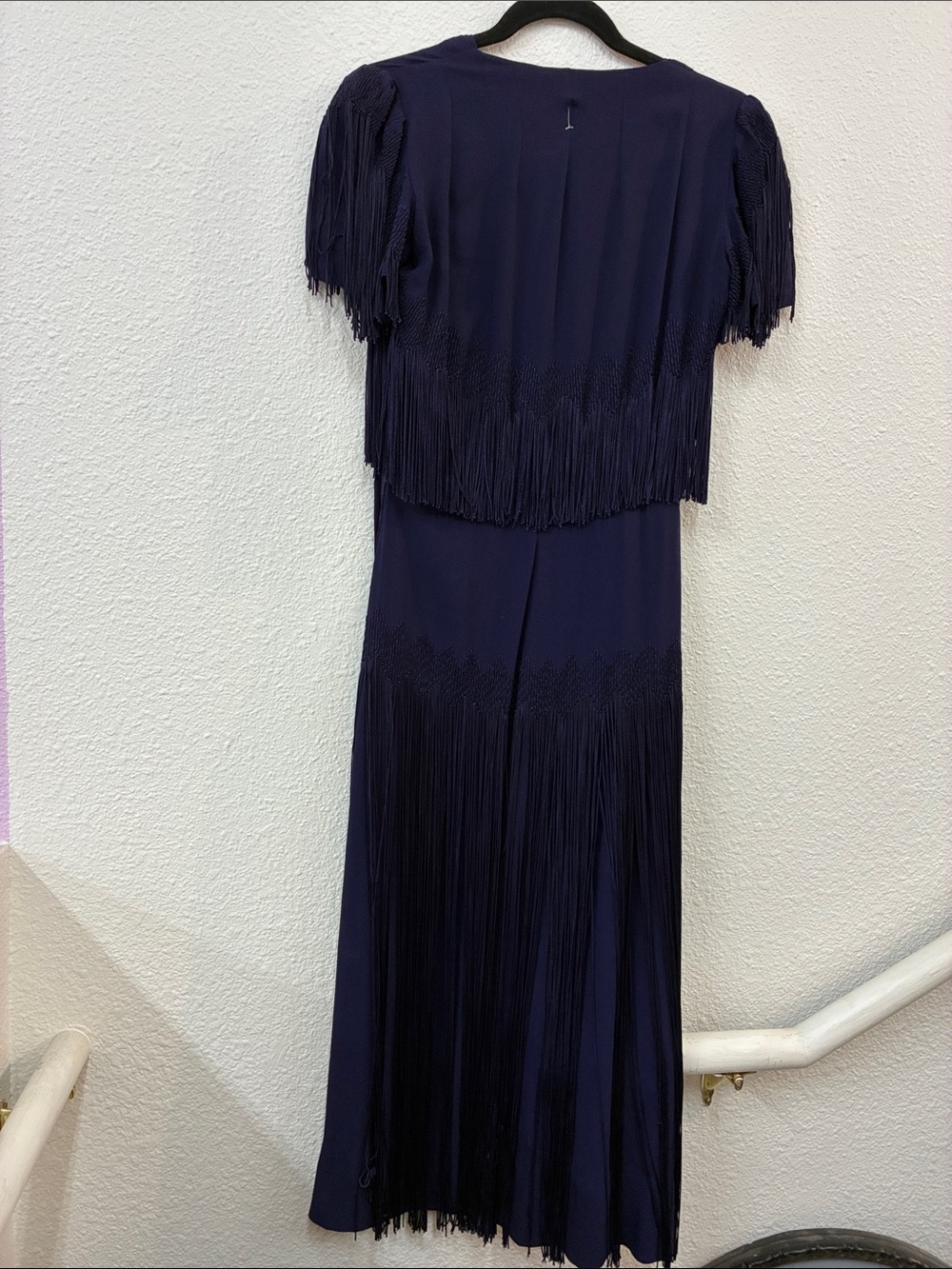 Vintage Crepe 1930's 1920's Navy Blue HEAVY FRINGE Midi Dress Secretary Small - Picture 4 of 7